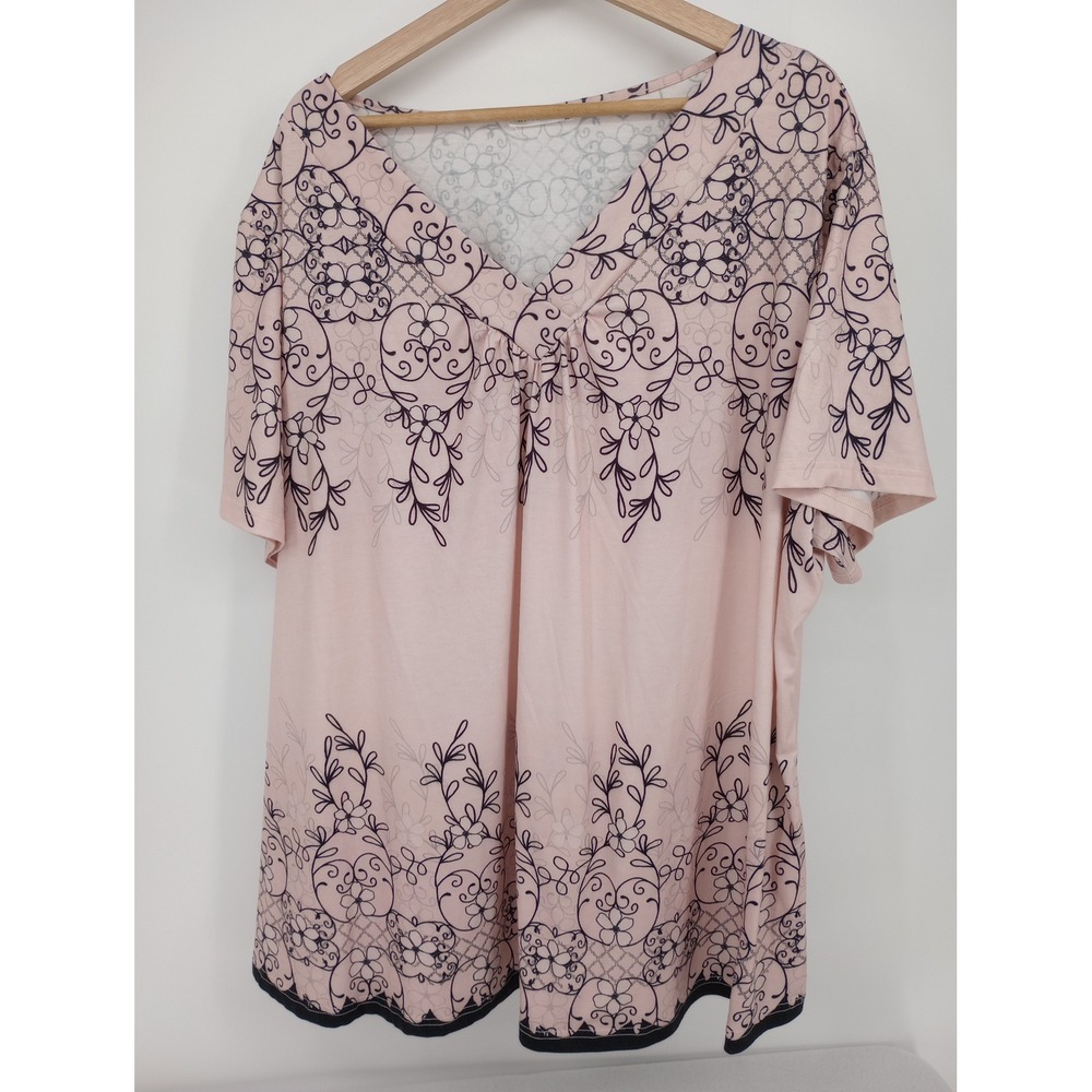 IN'VOLAND Tunic Top Women 3X Pink Floral Scroll V-Neck Short Sleeve
